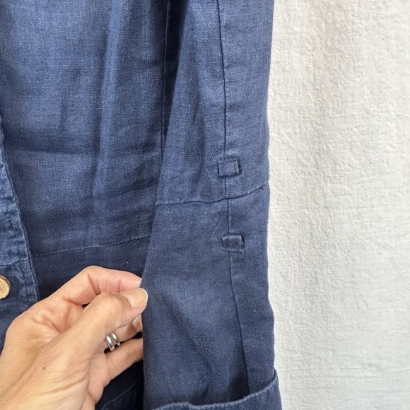 MNG Mango Navy Blue 100% Linen Shirt Dress Sleeveless Brown Button Up - Picture 9 of 9